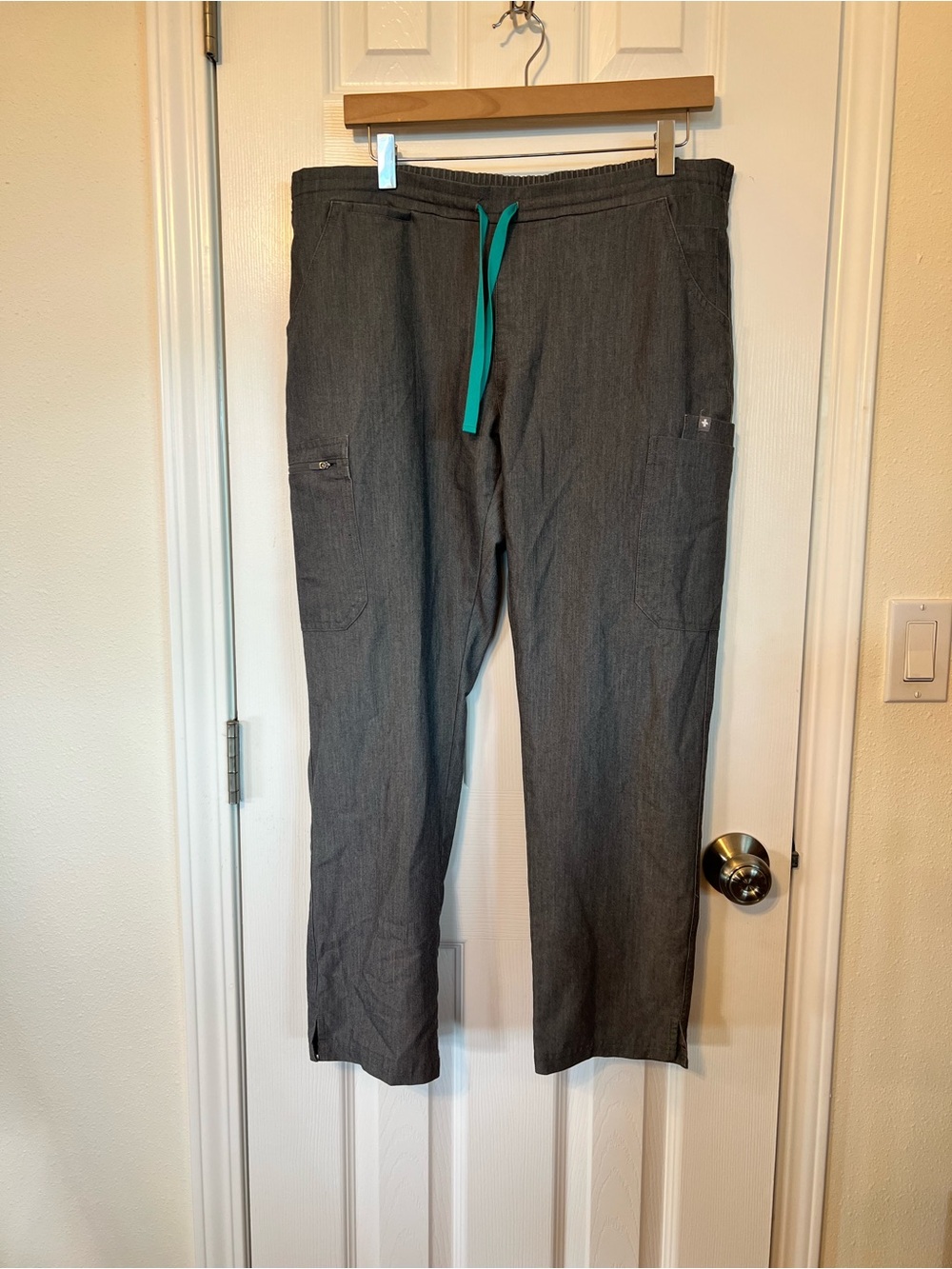 Figs Women's Charcoal Cargo Scrub Pants with Teal Drawstring